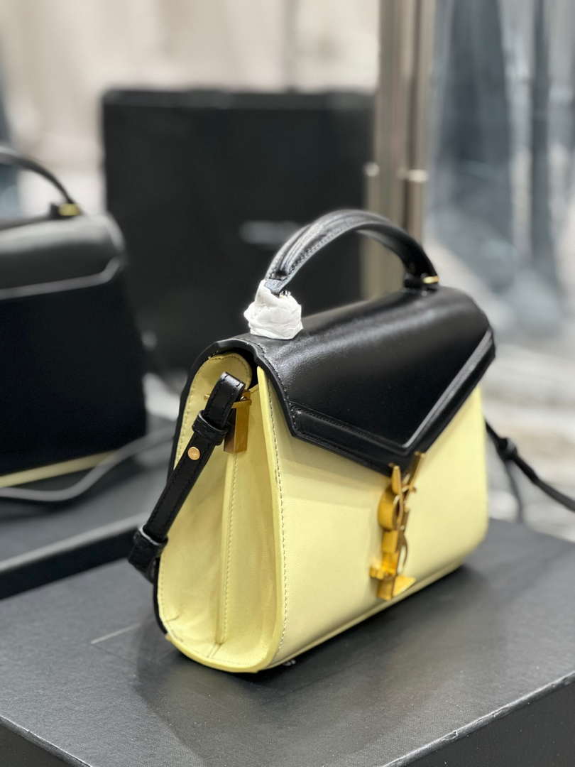 YSL 623930 Cassandra Mini Top Handle In Box Saint Laurent Black & Yellow