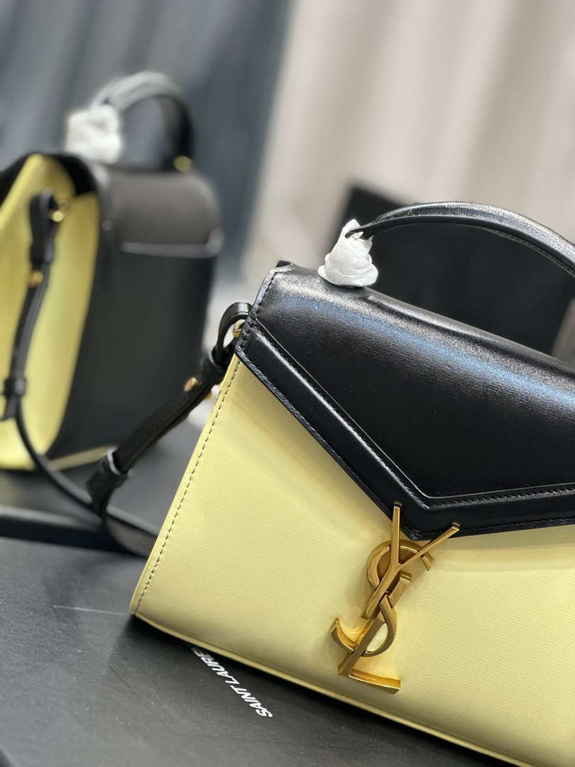 YSL 623930 Cassandra Mini Top Handle In Box Saint Laurent Black & Yellow