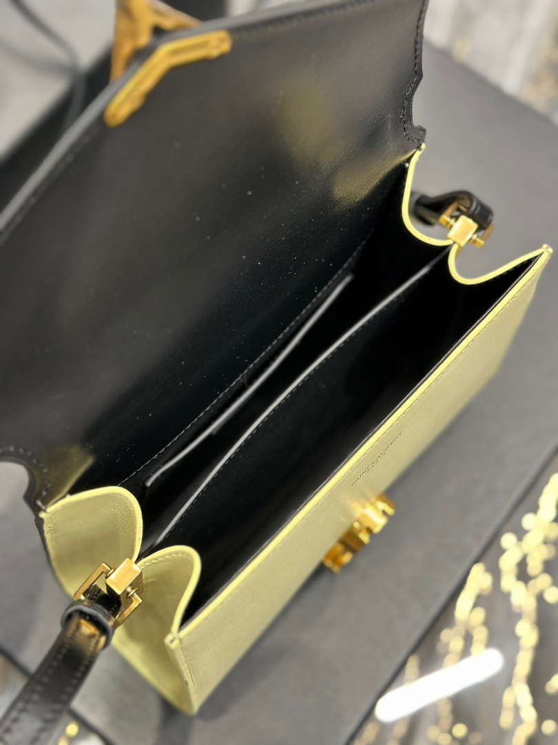 YSL 623930 Cassandra Mini Top Handle In Box Saint Laurent Black & Yellow