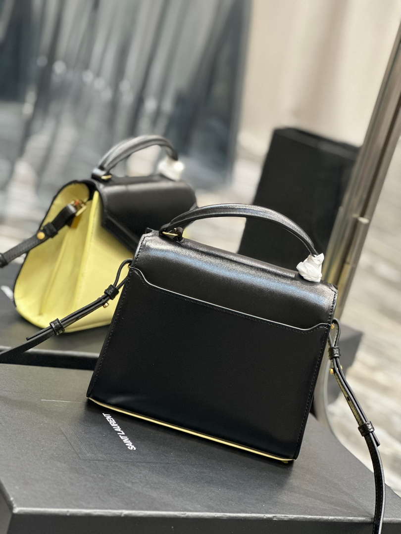 YSL 623930 Cassandra Mini Top Handle In Box Saint Laurent Black & Yellow
