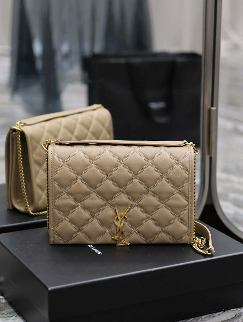 YSL 629246 Saint Laurent Becky Chain Shoulder Bag 25cm Leather Apricot - Default Title - View 1