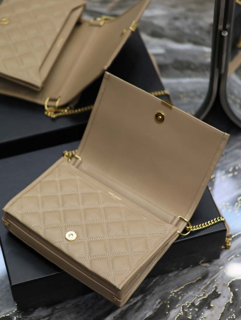 YSL 629246 Saint Laurent Becky Chain Shoulder Bag 25cm Leather Apricot