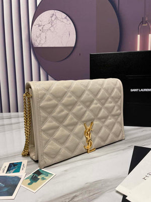 YSL 629246 Saint Laurent Becky Chain Shoulder Bag 25cm Leather Beige Silver - Default Title - View 2