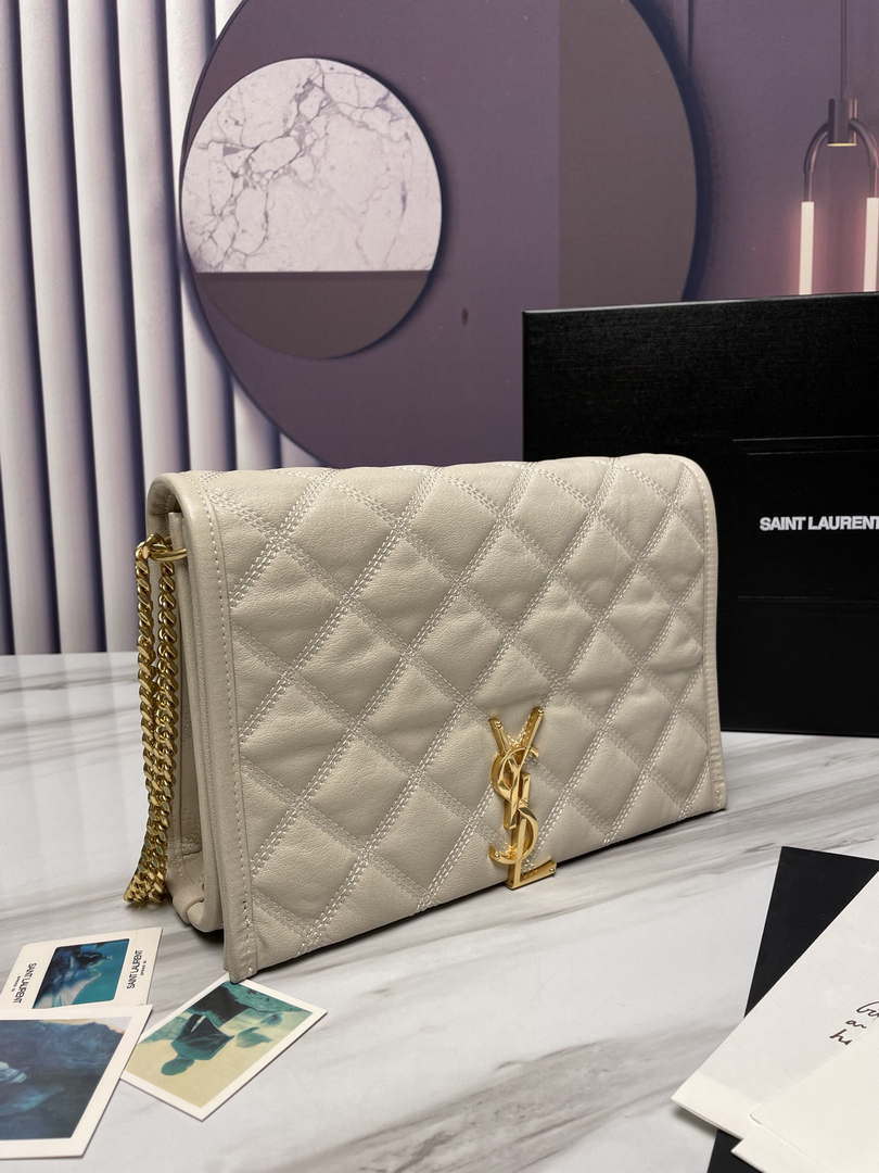 YSL 629246 Saint Laurent Becky Chain Shoulder Bag 25cm Leather Beige Silver