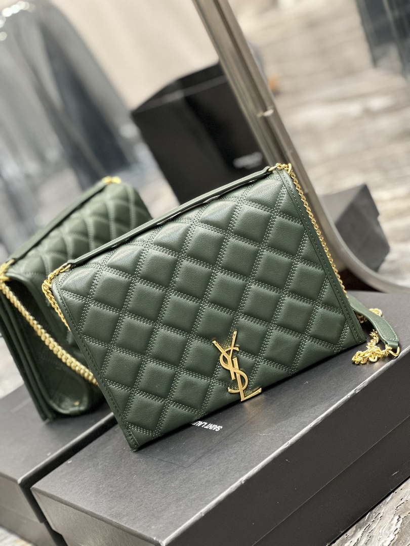 YSL 629246 Saint Laurent Becky Chain Shoulder Bag 25cm Leather Green