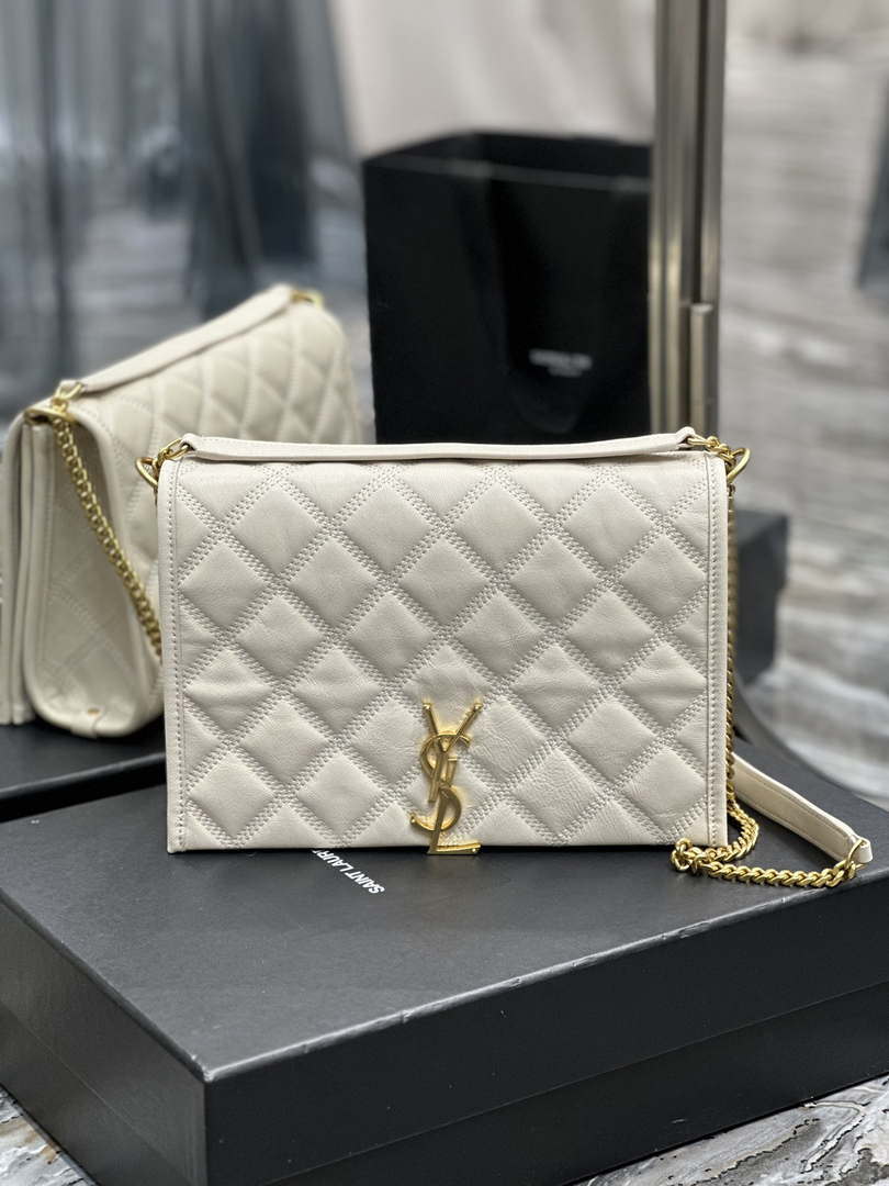 YSL 629246 Saint Laurent Becky Chain Shoulder Bag 25cm Leather White - Default Title - View 1