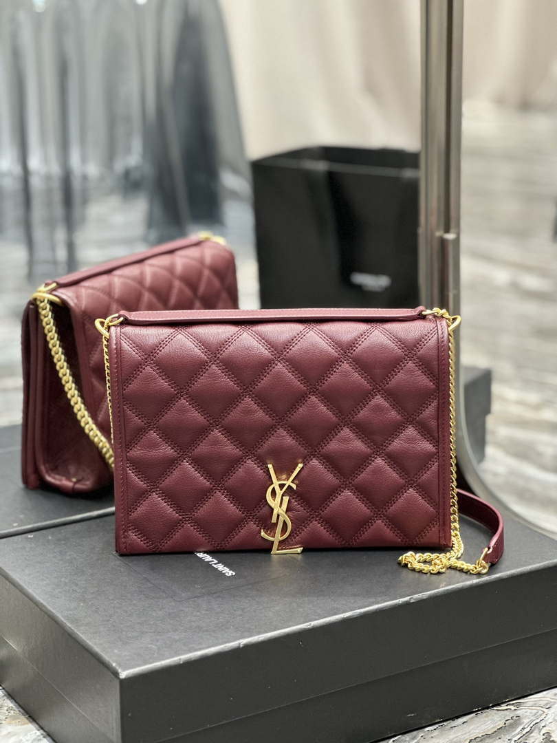 YSL 629246 Saint Laurent Becky Chain Shoulder Bag 25cm Leather Wine Red - Default Title - View 1