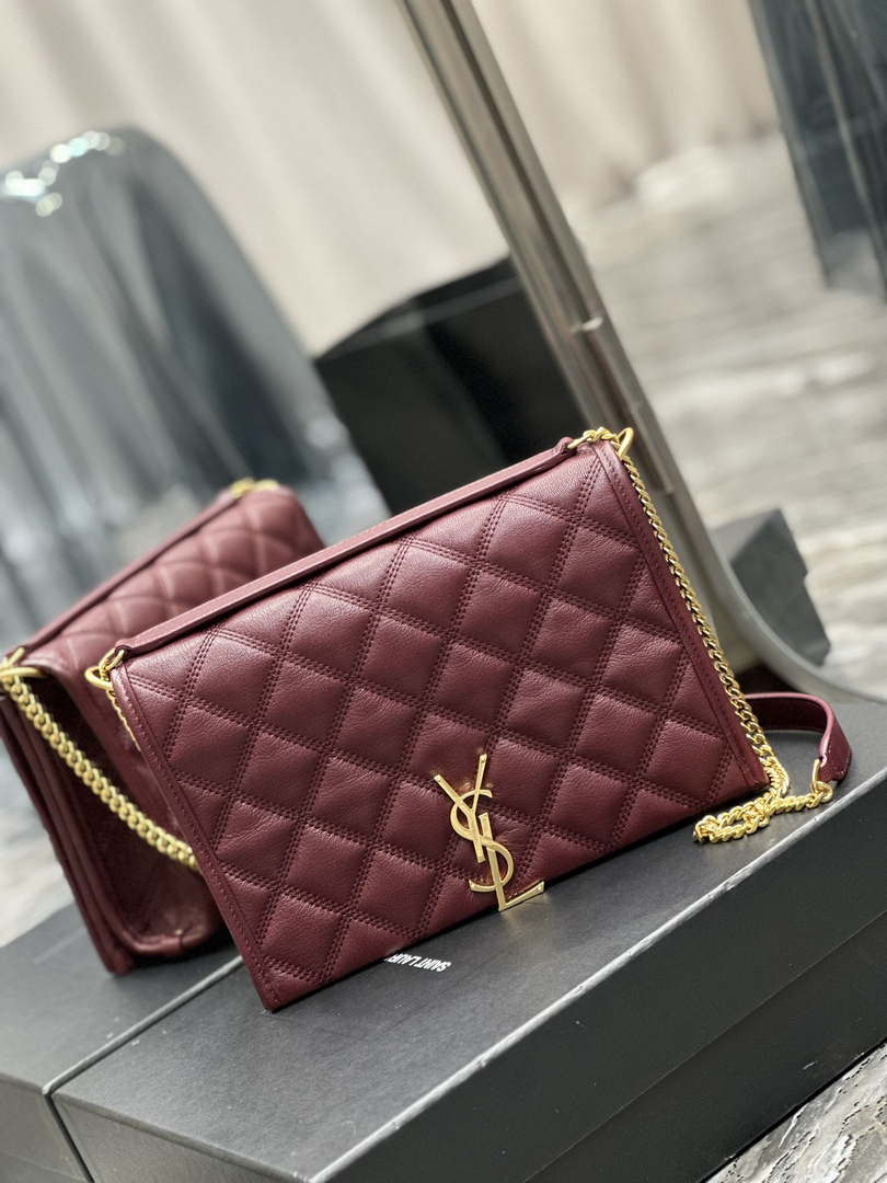 YSL 629246 Saint Laurent Becky Chain Shoulder Bag 25cm Leather Wine Red