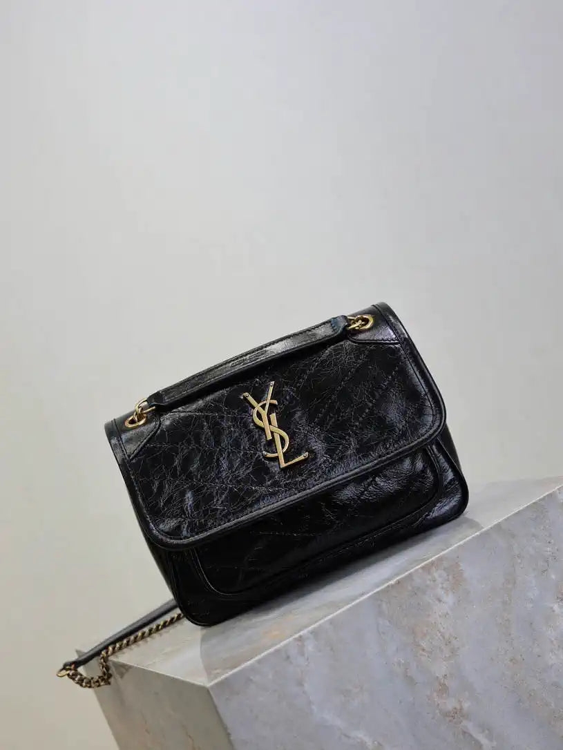 YSL 633151 Niki Baby Chain Bag Black wax leather with gold
