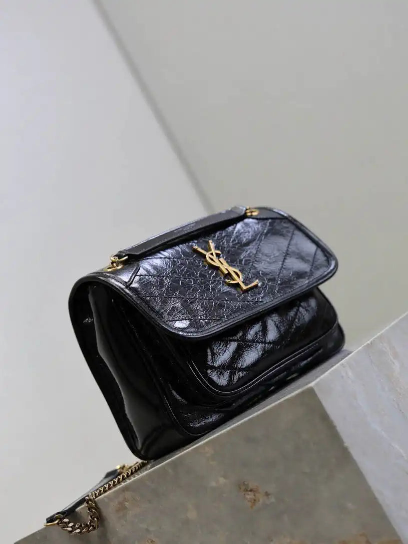 YSL 633151 Niki Baby Chain Bag Black wax leather with gold