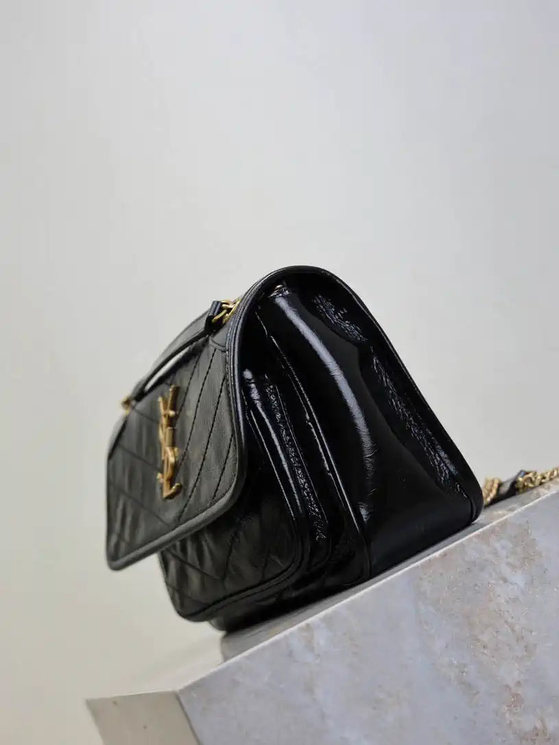 YSL 633151 Niki Baby Chain Bag Black wax leather with gold