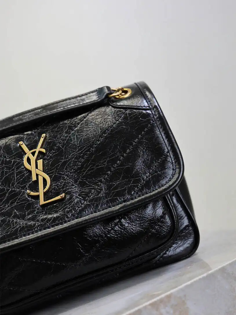 YSL 633151 Niki Baby Chain Bag Black wax leather with gold