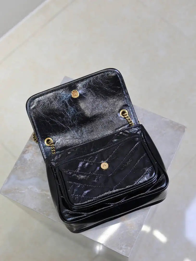 YSL 633151 Niki Baby Chain Bag Black wax leather with gold