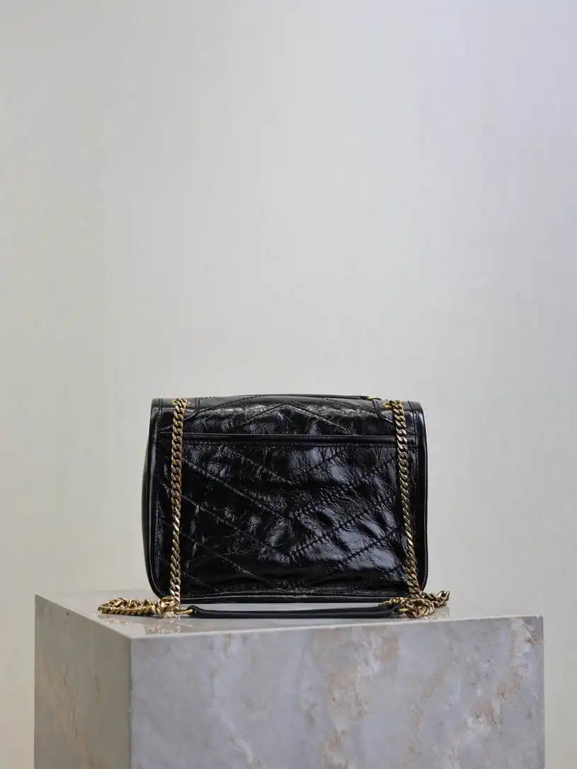 YSL 633151 Niki Baby Chain Bag Black wax leather with gold