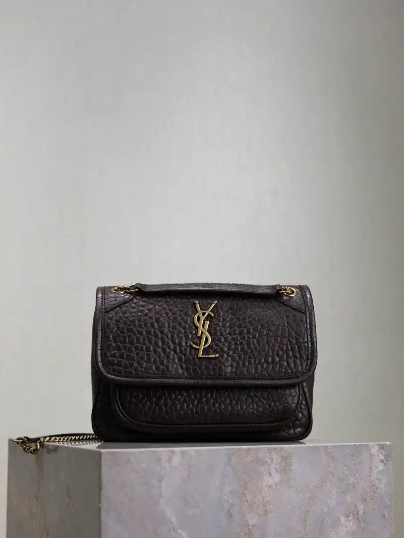 YSL 633151 Niki Baby Chain Bag Elephant pattern with gold leather Dark Brown