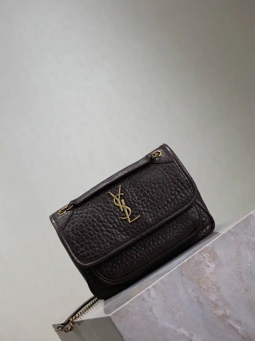 YSL 633151 Niki Baby Chain Bag Elephant pattern with gold leather Dark Brown