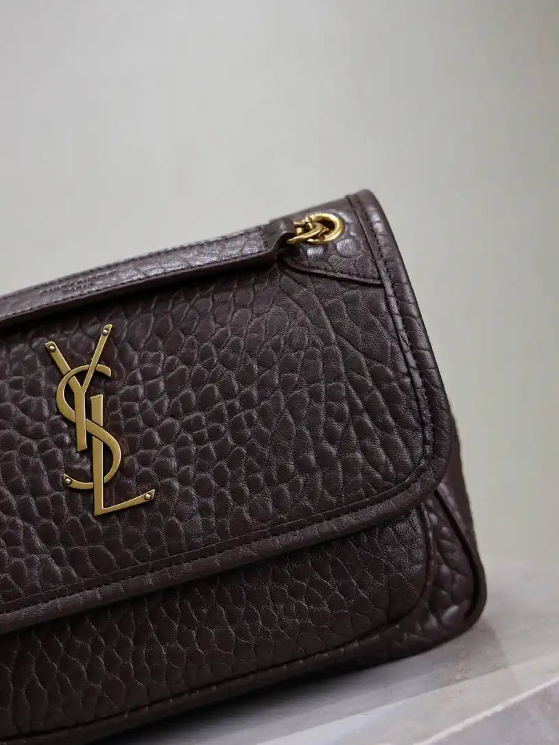 YSL 633151 Niki Baby Chain Bag Elephant pattern with gold leather Dark Brown