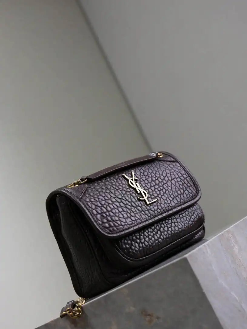 YSL 633151 Niki Baby Chain Bag Elephant pattern with gold leather Dark Brown