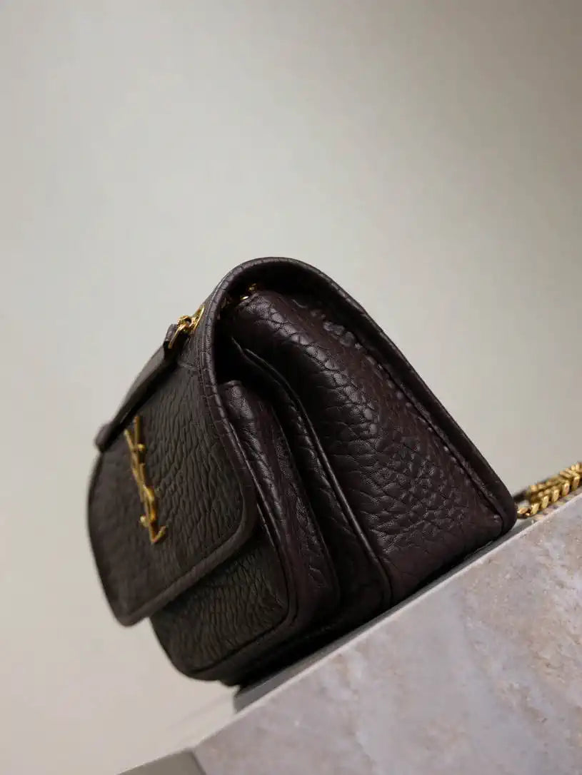 YSL 633151 Niki Baby Chain Bag Elephant pattern with gold leather Dark Brown