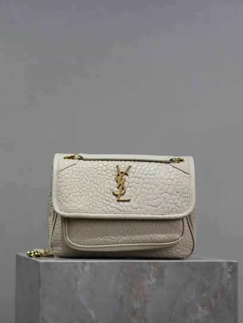 YSL 633151 Niki Baby Chain Bag Elephant pattern with gold leather White