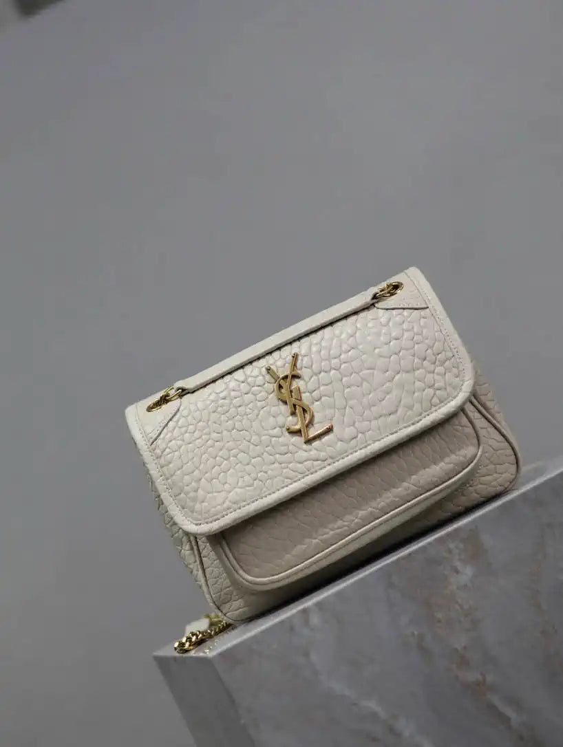 YSL 633151 Niki Baby Chain Bag Elephant pattern with gold leather White