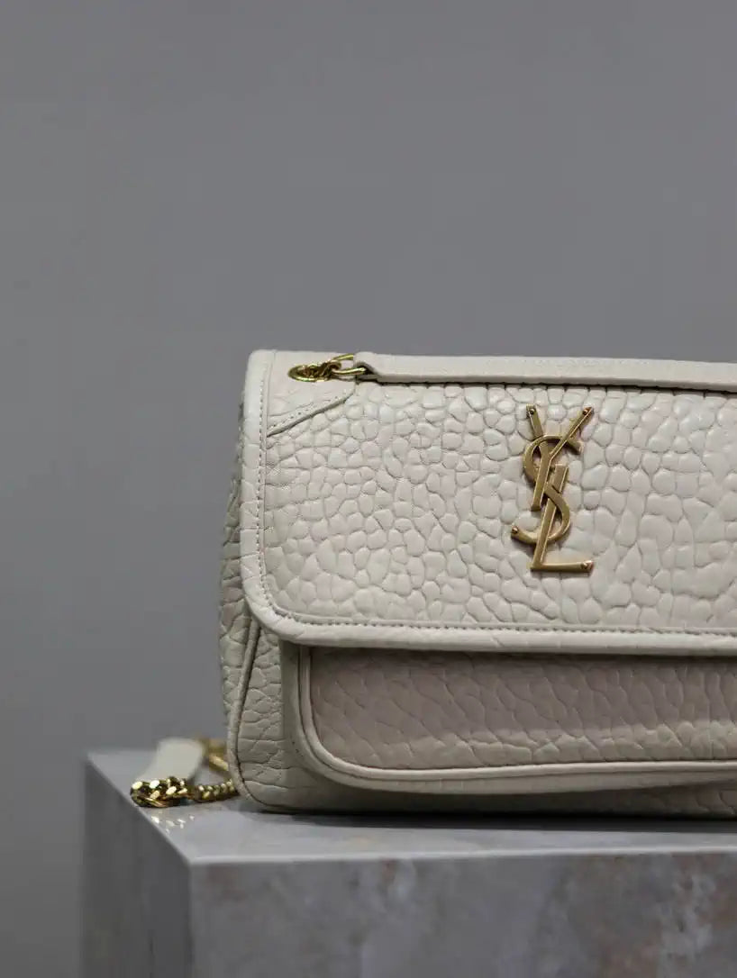 YSL 633151 Niki Baby Chain Bag Elephant pattern with gold leather White