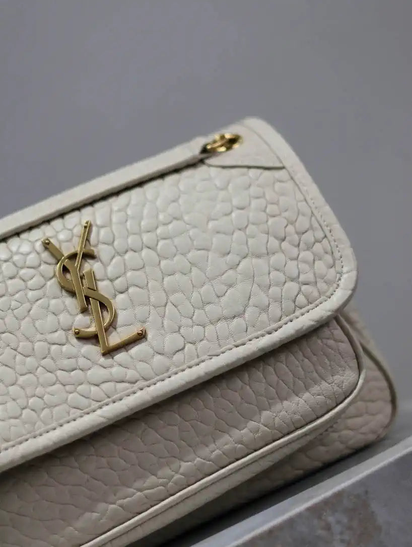 YSL 633151 Niki Baby Chain Bag Elephant pattern with gold leather White