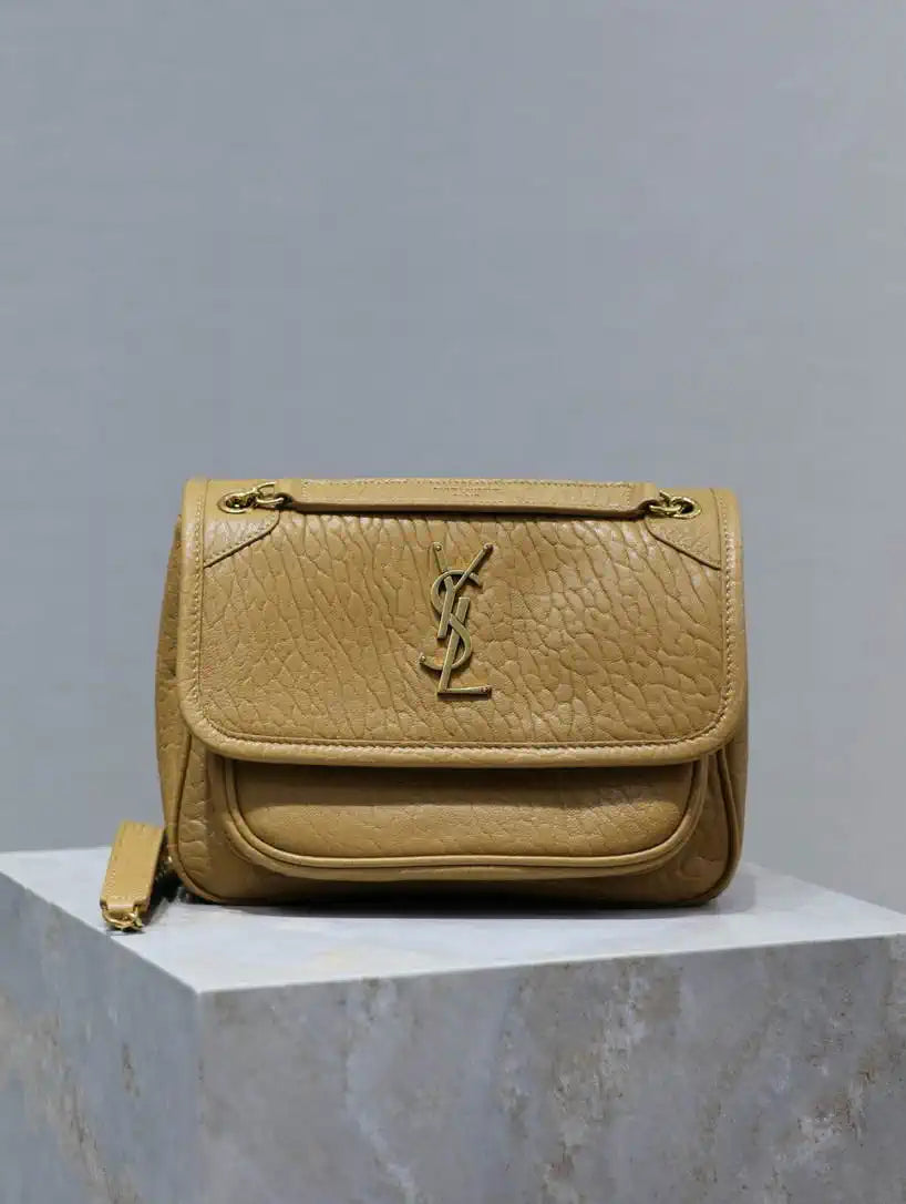 YSL 633151 Niki Baby Chain Bag Elephant pattern with gold leather Tan
