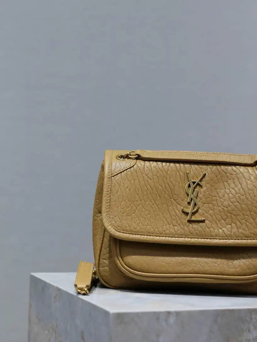 YSL 633151 Niki Baby Chain Bag Elephant pattern with gold leather Tan