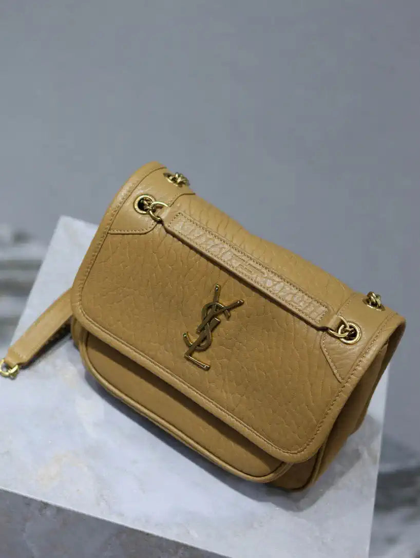 YSL 633151 Niki Baby Chain Bag Elephant pattern with gold leather Tan