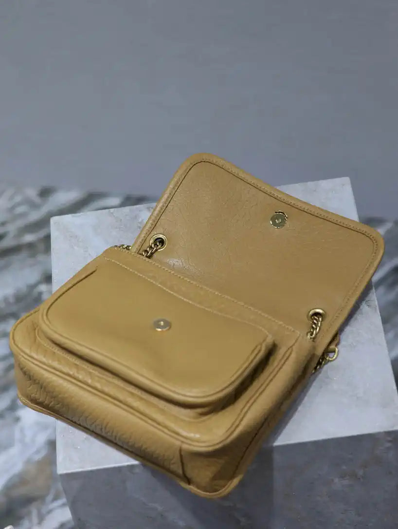 YSL 633151 Niki Baby Chain Bag Elephant pattern with gold leather Tan