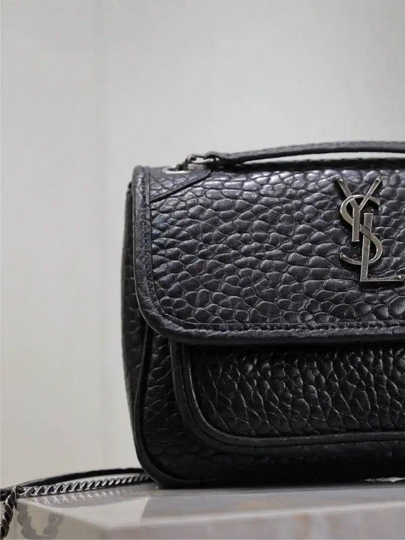 YSL 633151 Niki Baby Chain Bag Elephant pattern leather with Silver Black