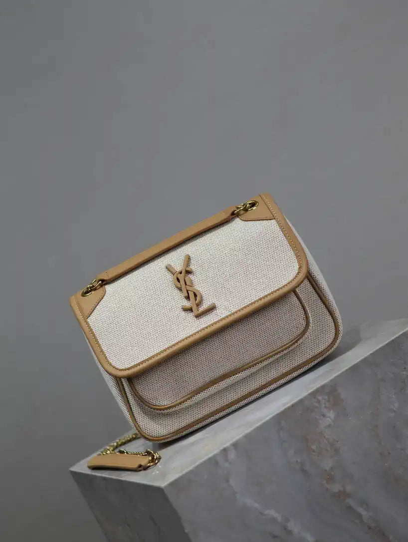 YSL 633151 Niki Baby Chain Bag IN Apricot cowhide with cotton and linen