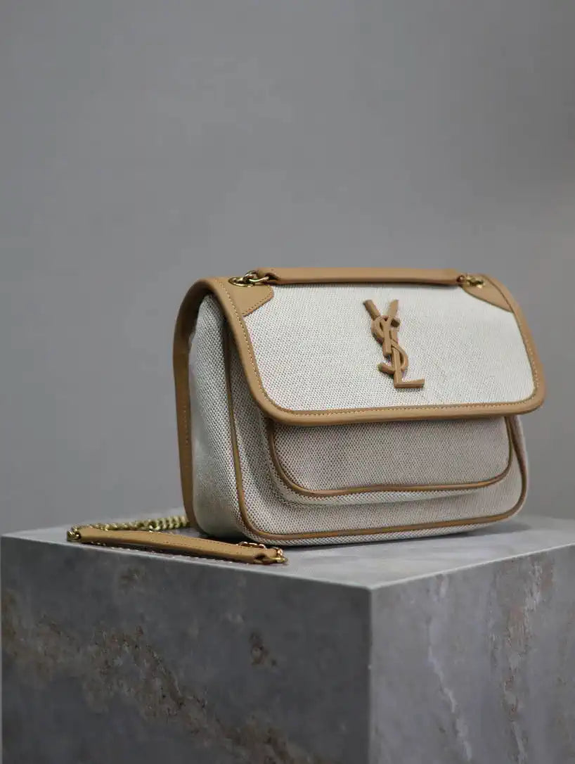 YSL 633151 Niki Baby Chain Bag IN Apricot cowhide with cotton and linen