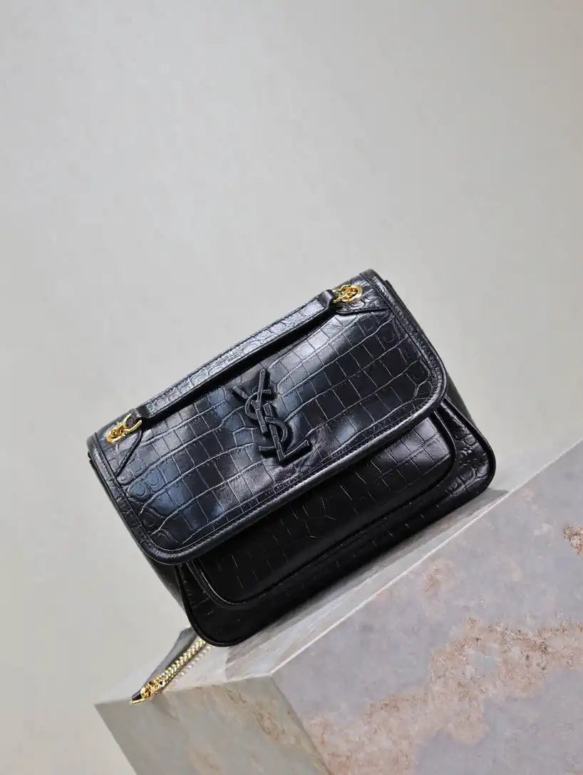 YSL 633151 Niki Baby Chain Bag IN crocodile Leather Black