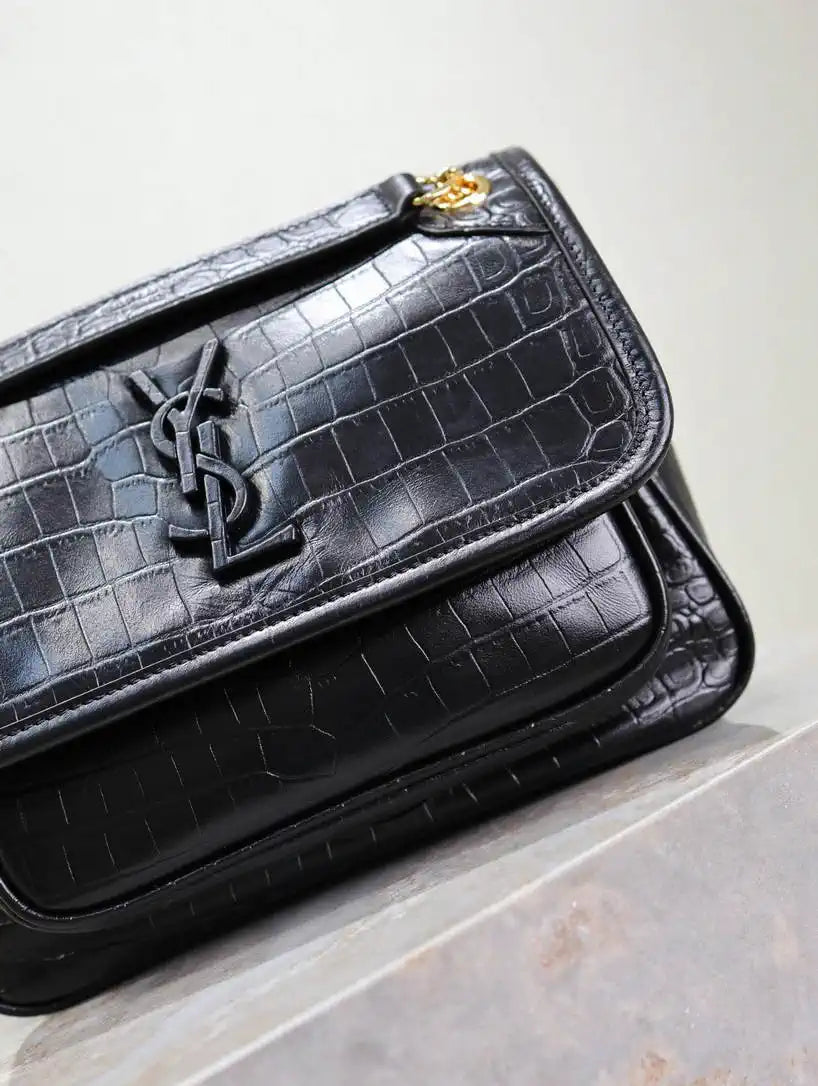 YSL 633151 Niki Baby Chain Bag IN crocodile Leather Black