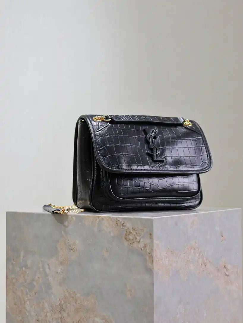 YSL 633151 Niki Baby Chain Bag IN crocodile Leather Black