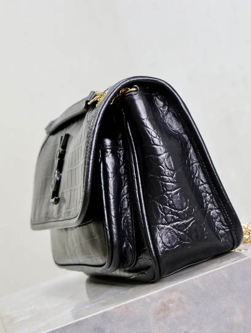 YSL 633151 Niki Baby Chain Bag IN crocodile Leather Black