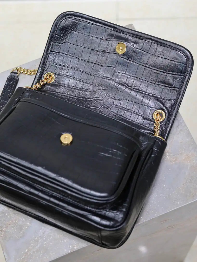 YSL 633151 Niki Baby Chain Bag IN crocodile Leather Black