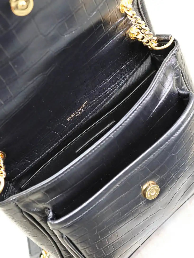 YSL 633151 Niki Baby Chain Bag IN crocodile Leather Black