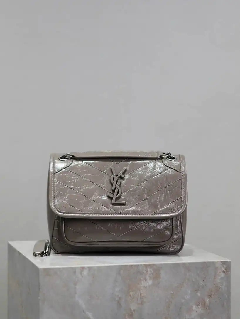 YSL 633151 Niki Baby Chain Bag IN VINTAGE Calf Leather Gray