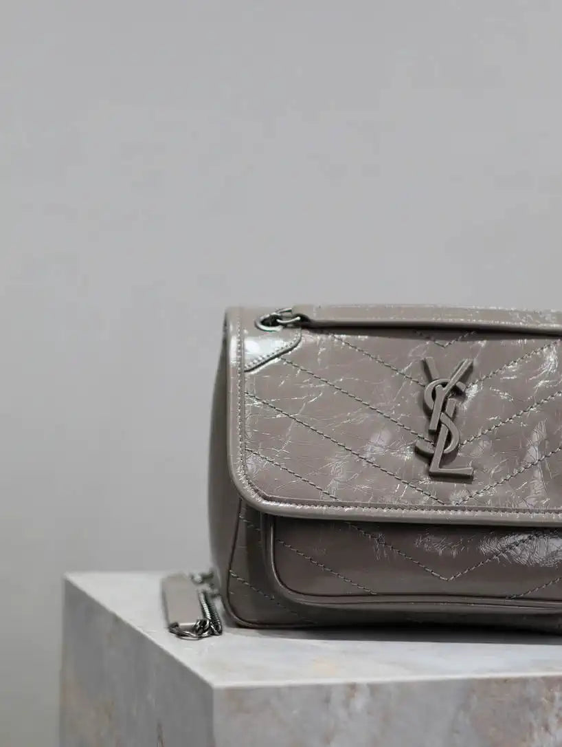 YSL 633151 Niki Baby Chain Bag IN VINTAGE Calf Leather Gray