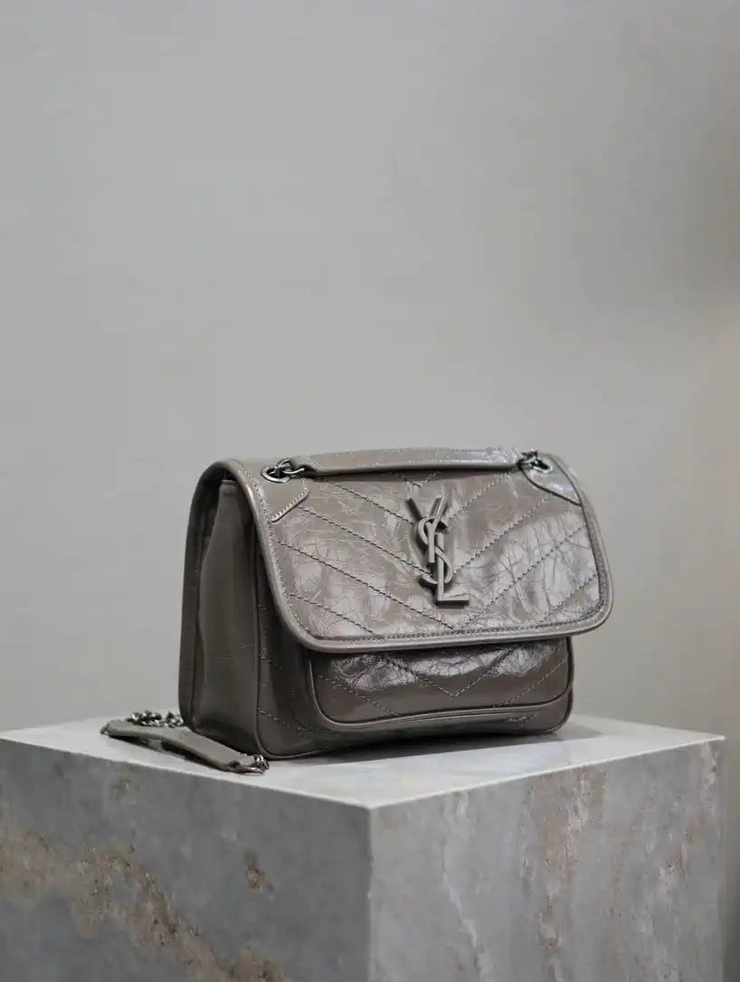 YSL 633151 Niki Baby Chain Bag IN VINTAGE Calf Leather Gray
