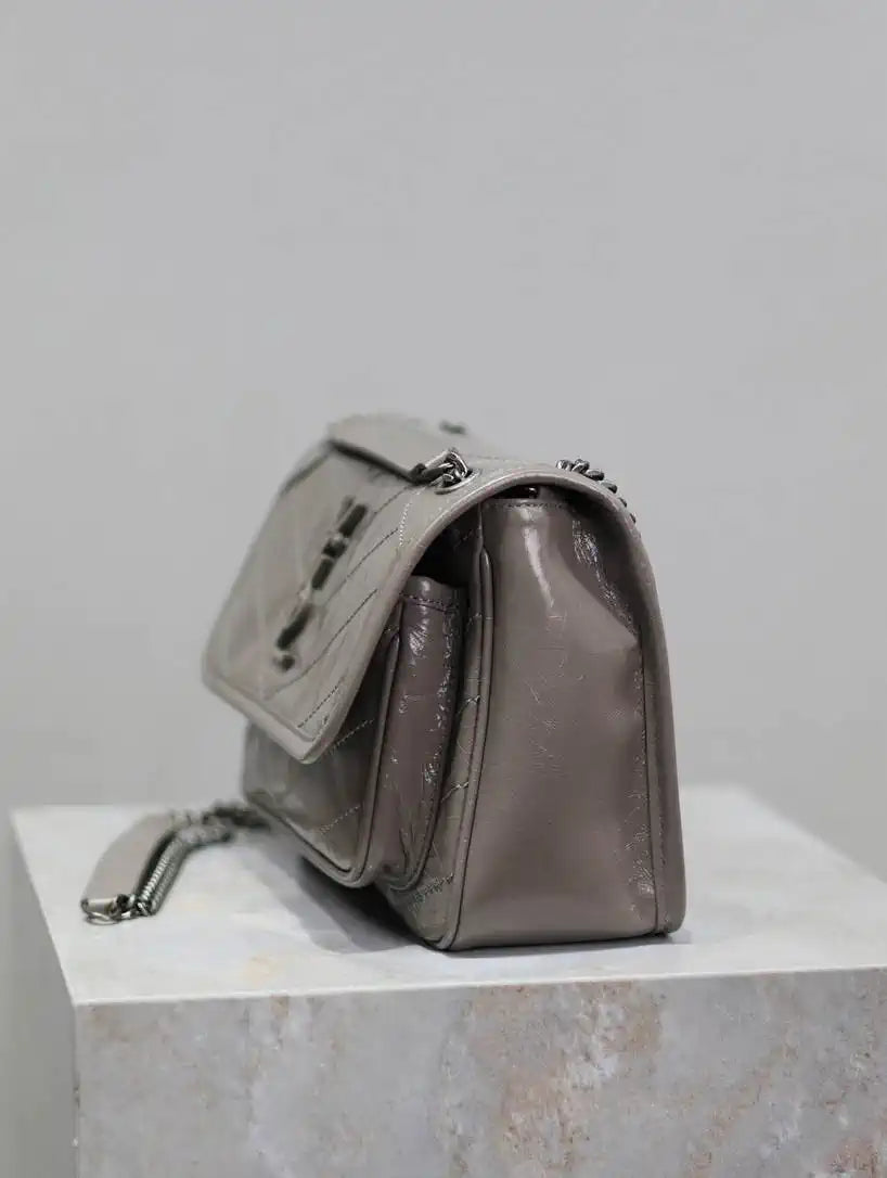 YSL 633151 Niki Baby Chain Bag IN VINTAGE Calf Leather Gray