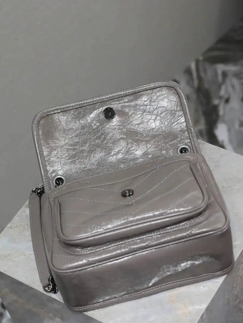 YSL 633151 Niki Baby Chain Bag IN VINTAGE Calf Leather Gray