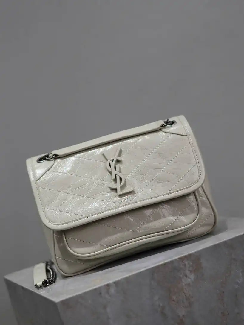 YSL 633151 Niki Baby Chain Bag IN VINTAGE Calf Leather White
