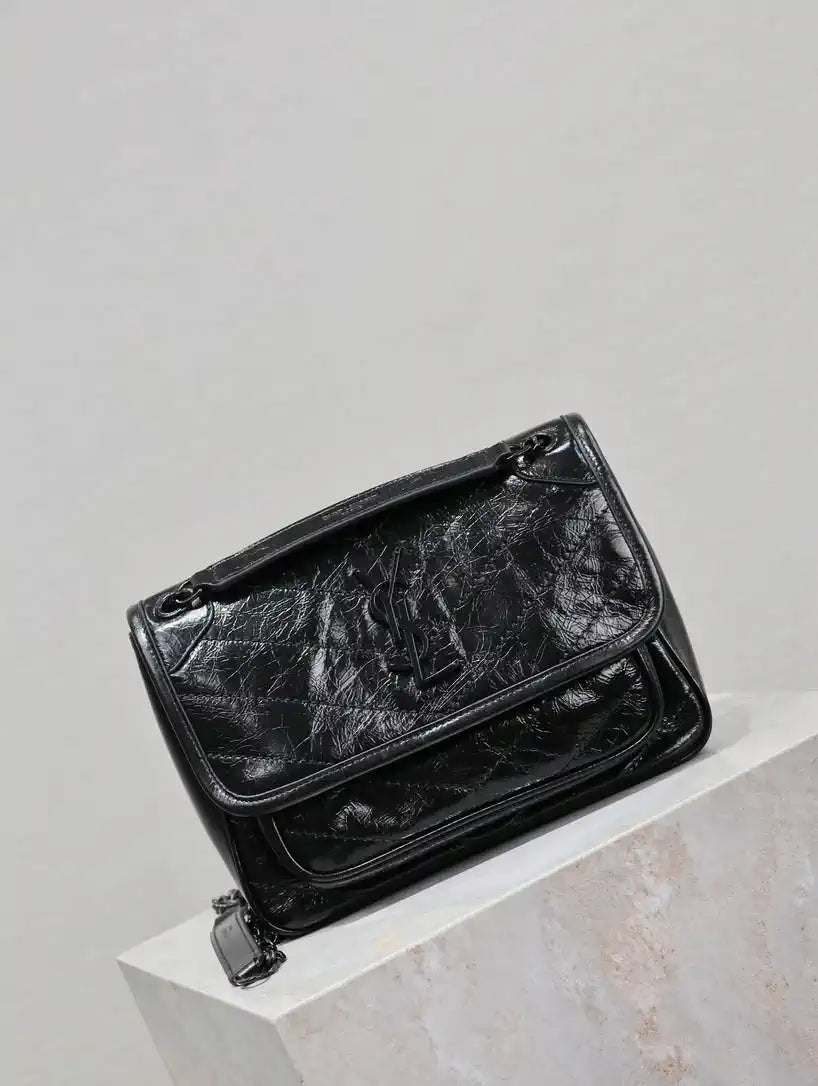 YSL 633151 Niki Baby Chain Bag IN VINTAGE Calf Leather Black