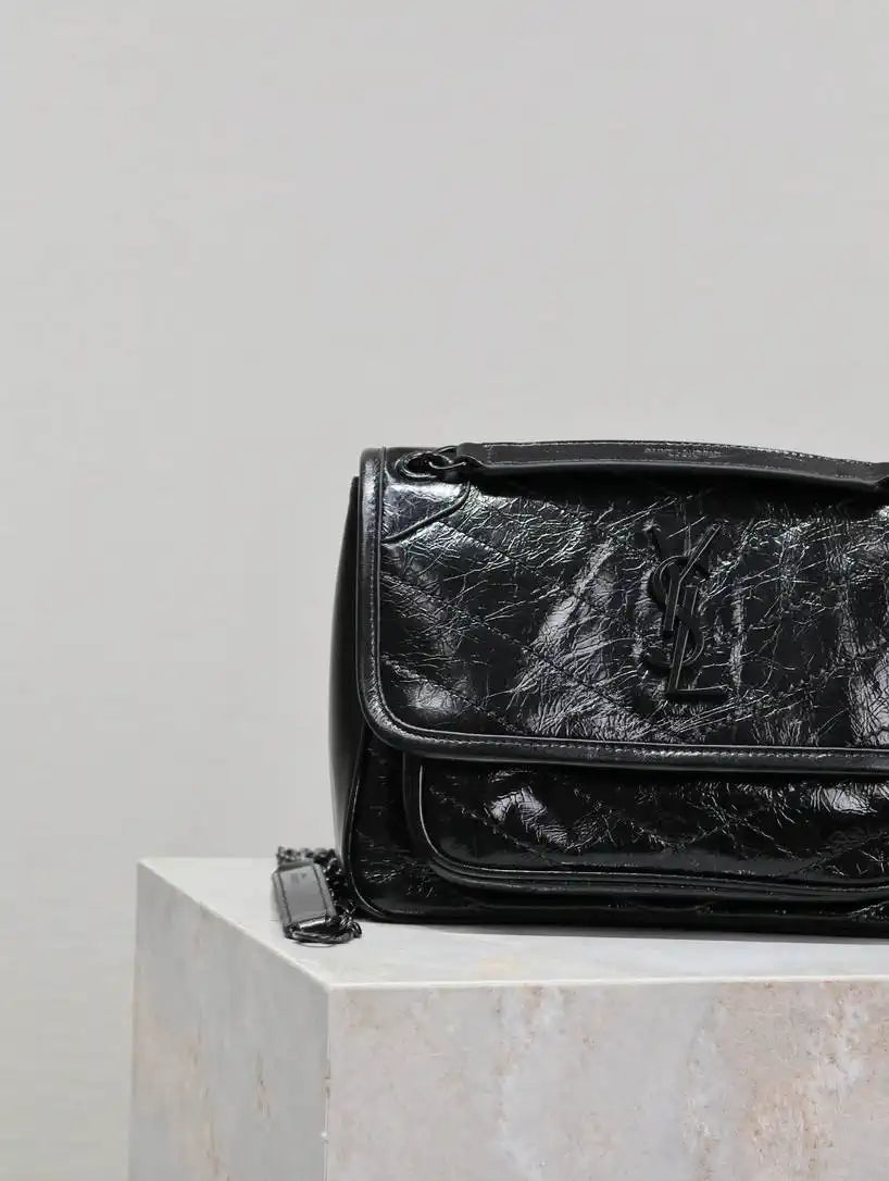 YSL 633151 Niki Baby Chain Bag IN VINTAGE Calf Leather Black