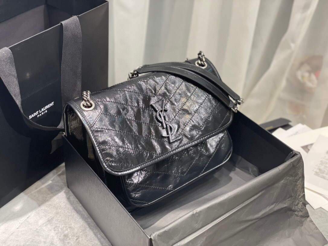 YSL 633158 Yves Saint Laurent Niki Medium In Quilted Crinkled Vintage Leather Bag Black