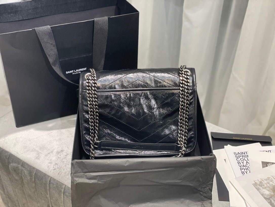 YSL 633158 Yves Saint Laurent Niki Medium In Quilted Crinkled Vintage Leather Bag Black